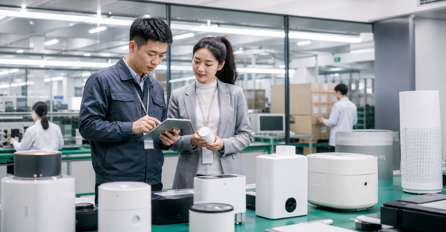 中国外贸团队在现代制造工厂检查出口产品